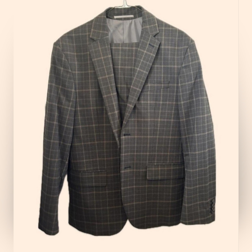 H&M 40r plaid brown slim suit 33x30 pants